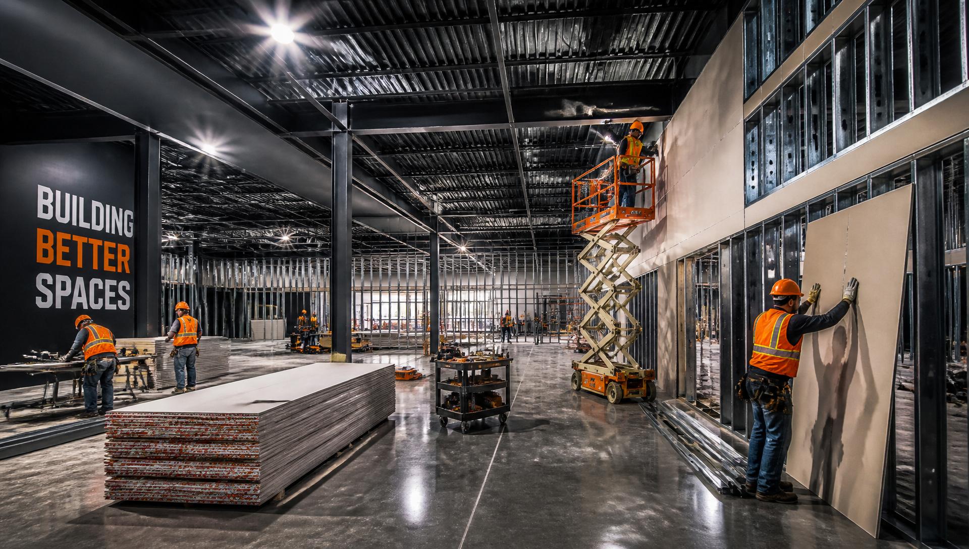 Commercial build-out crew installing drywall in a large retail space